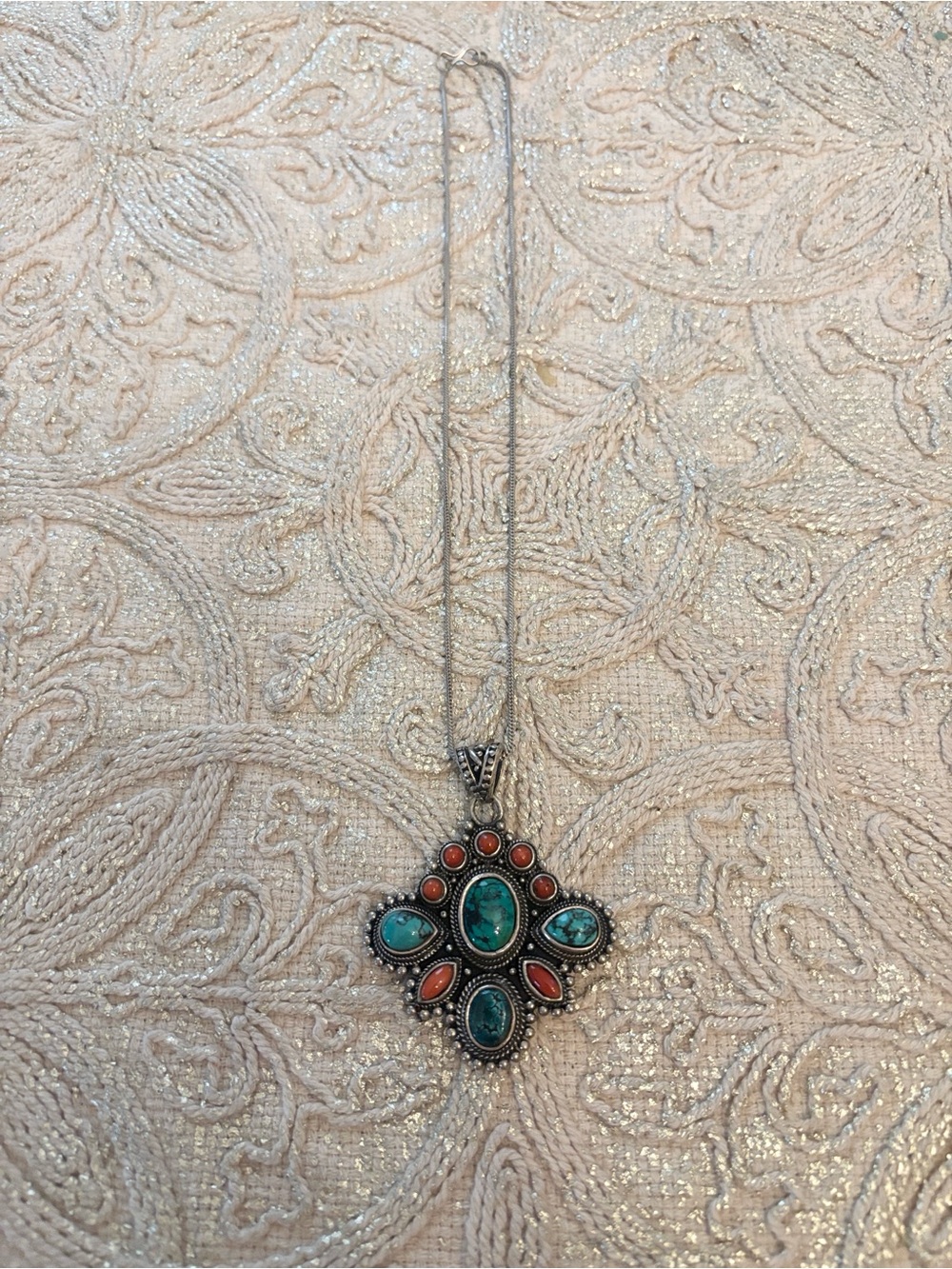Vintage Silver Tone, Faux Coral and Faux Turquoise Pendant Necklace